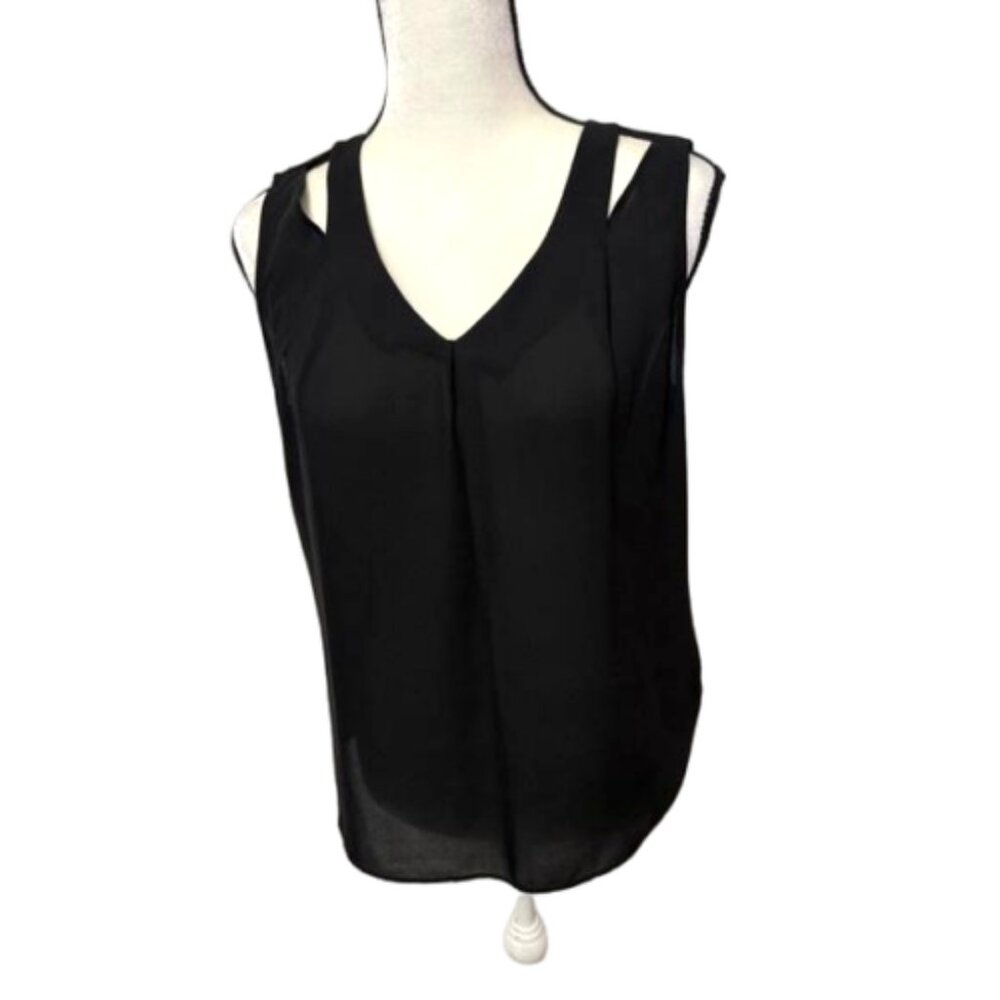 Calvin Klein Black Sheer Sleeveless Hi Lo V Neck Blouse Sz. M #2266